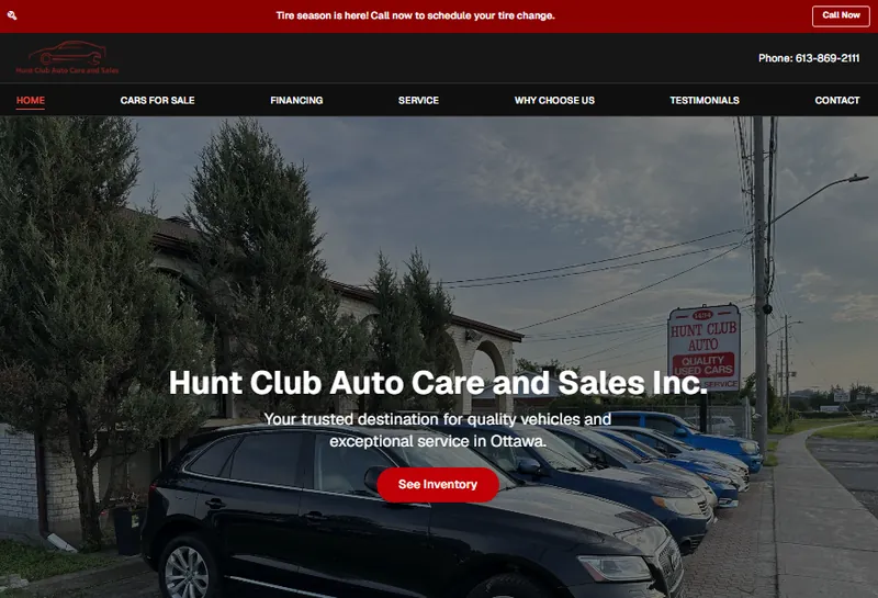 Hunt Club Auto homepage, a dealership website we designed in Ottawa