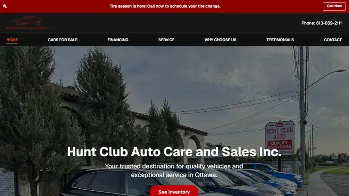 Hunt Club Auto homepage, a car dealership website sample