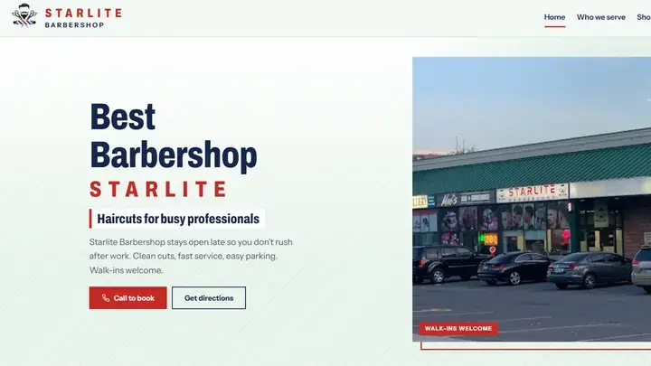 Starlite Barbershop homepage, a barbershop website sample